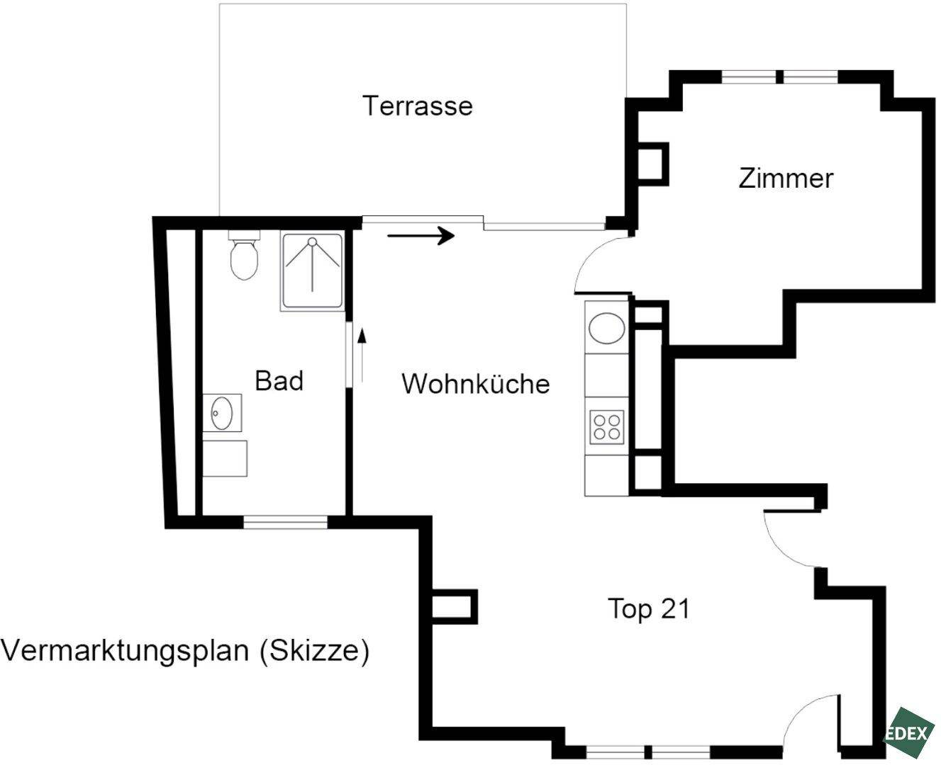Grundriss der Wohnung Top 21 mit Terrasse, Wohnküche, Zimmer und Badezimmer, praktisch angelegt.