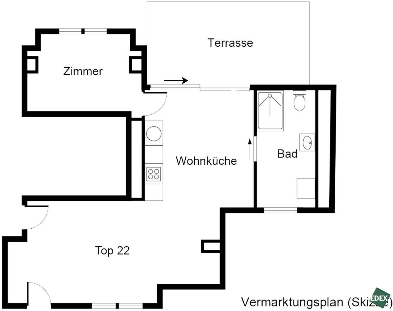 Grundriss der Wohnung Top 22 mit Terrasse, Wohnküche, Zimmer und Badezimmer, effizient gestaltet.