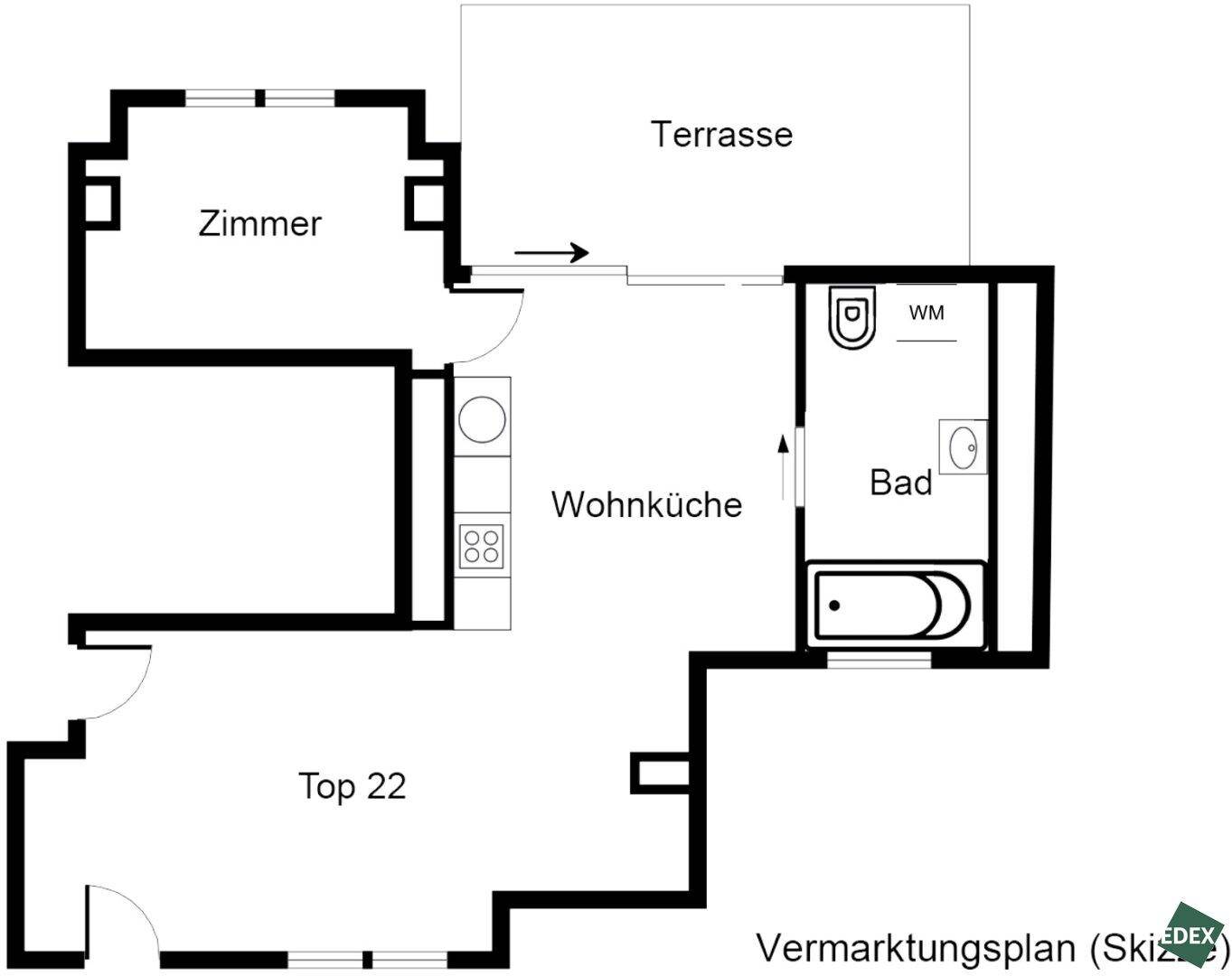 Grundrissplan einer Wohnung mit Wohnküche, Zimmer, Bad und einer großen Terrasse.