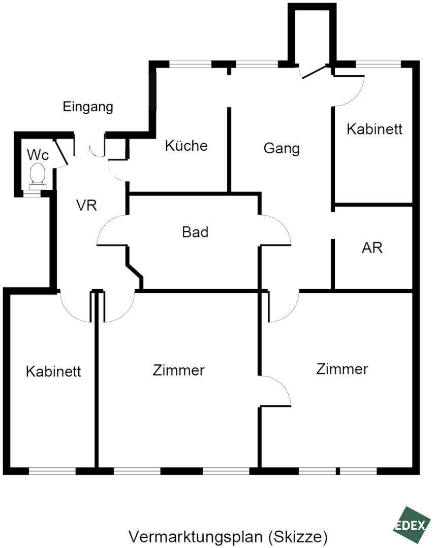 Vereinfachter Grundriss mit klarer Raumaufteilung und Beschriftungen.