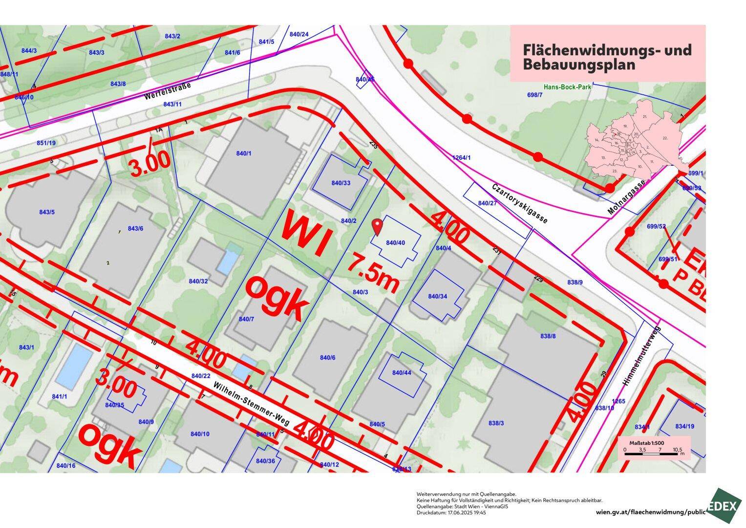Detaillierter Flächenwidmungs- und Bebauungsplan mit Grundstücksgrenzen, Gebäudegrundrissen und Straßennamen der Umgebung.