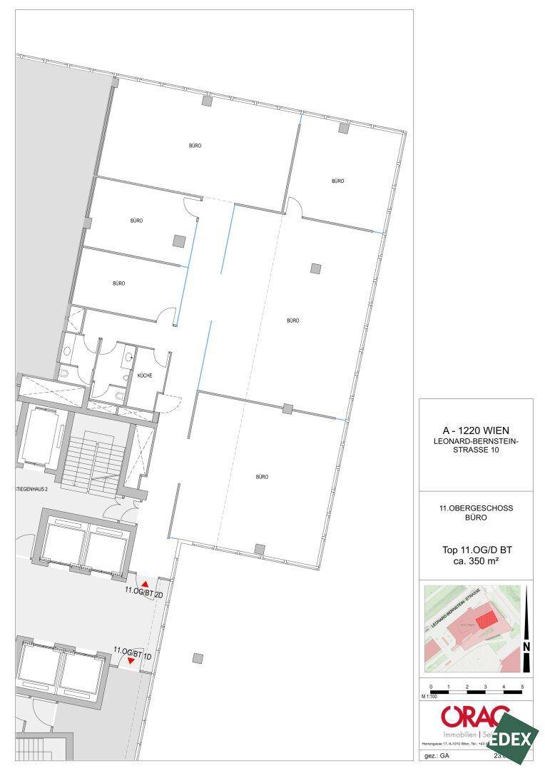 Grundriss des 11. Obergeschosses mit mehreren Büroräumen, einer Küche und Sanitäranlagen.