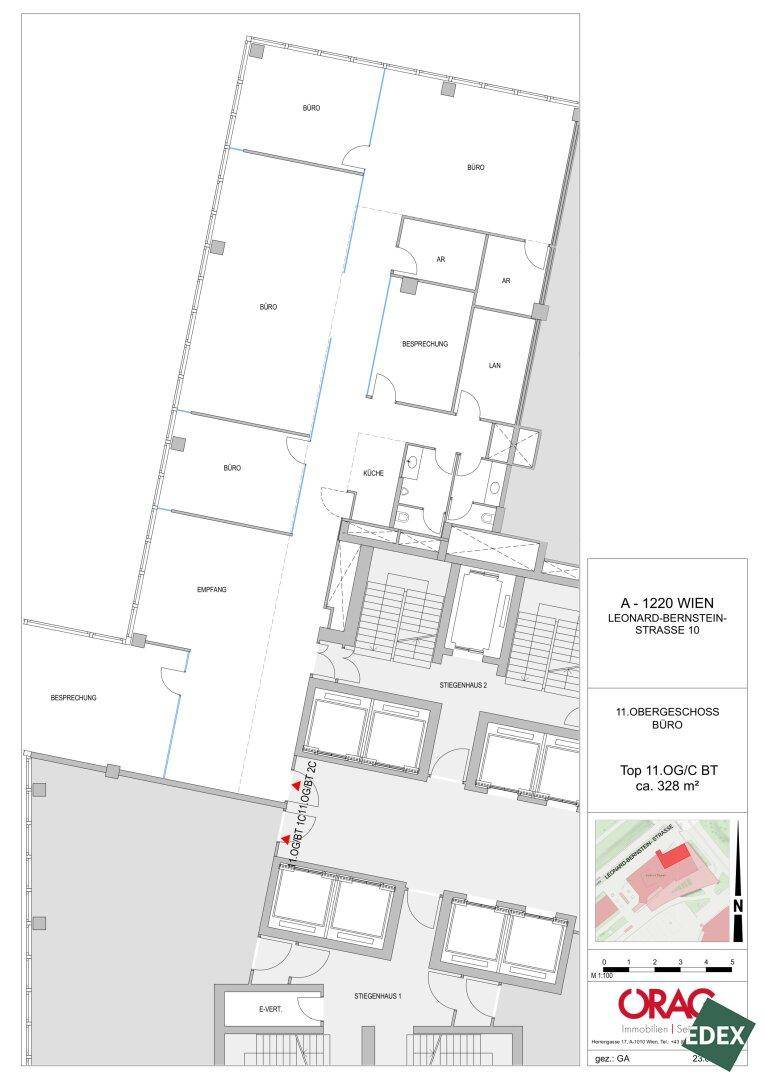 Grundriss des 11. Obergeschosses mit Büros, Besprechungsräumen, Empfangsbereich und Küche.