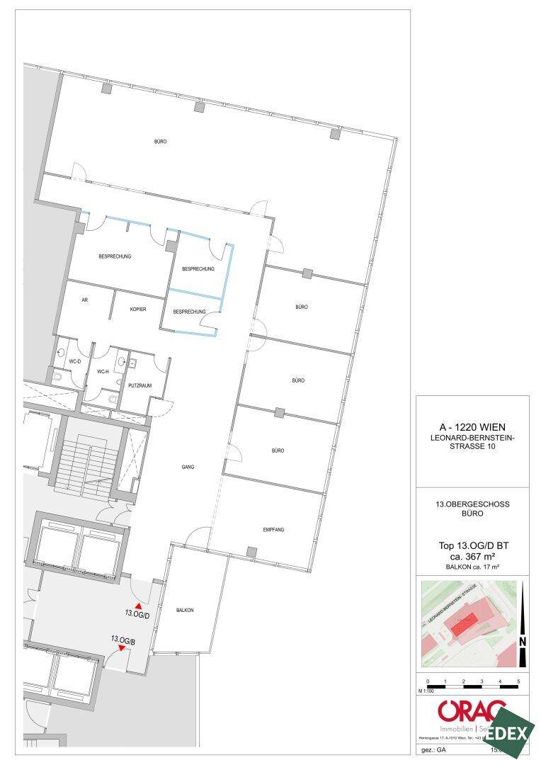 Grundriss des 13. Obergeschosses mit Büros, Besprechungsräumen, Empfang und einem Balkon.