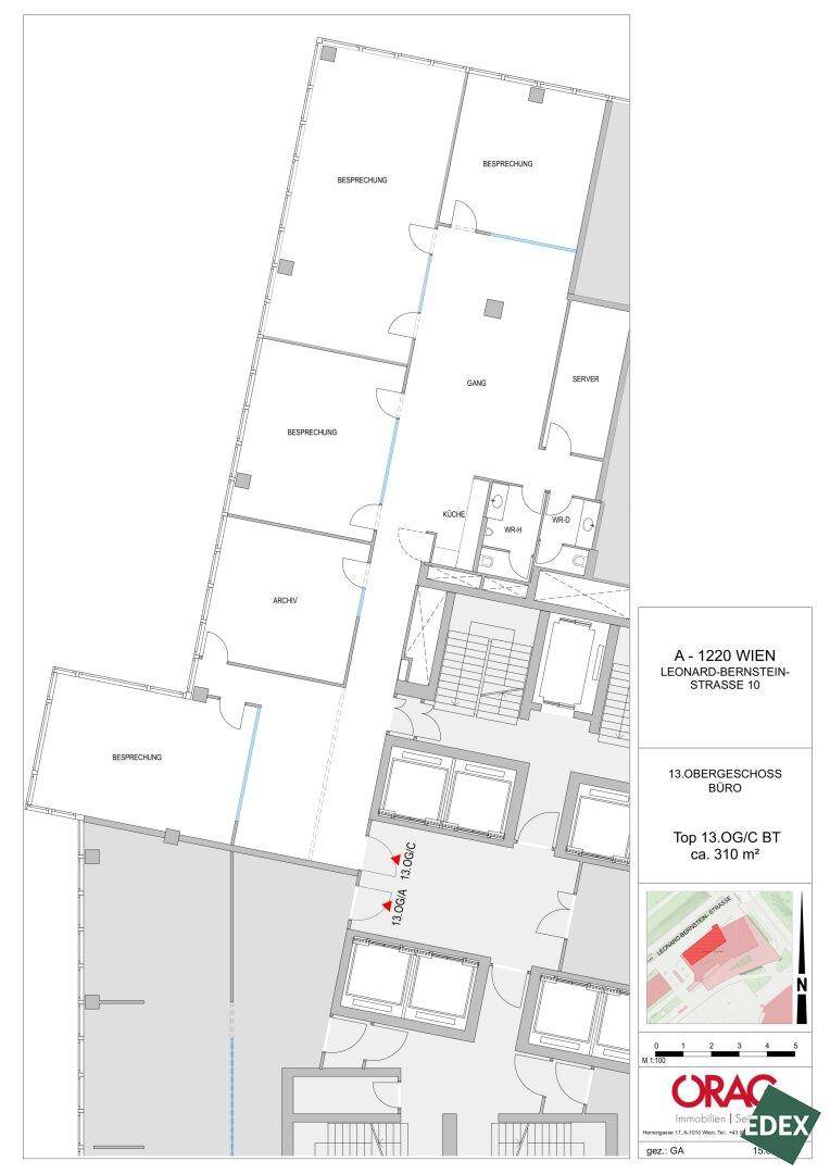 Grundriss des 13. Obergeschosses mit Büros, Besprechungsräumen, Küche und einer Loggia.