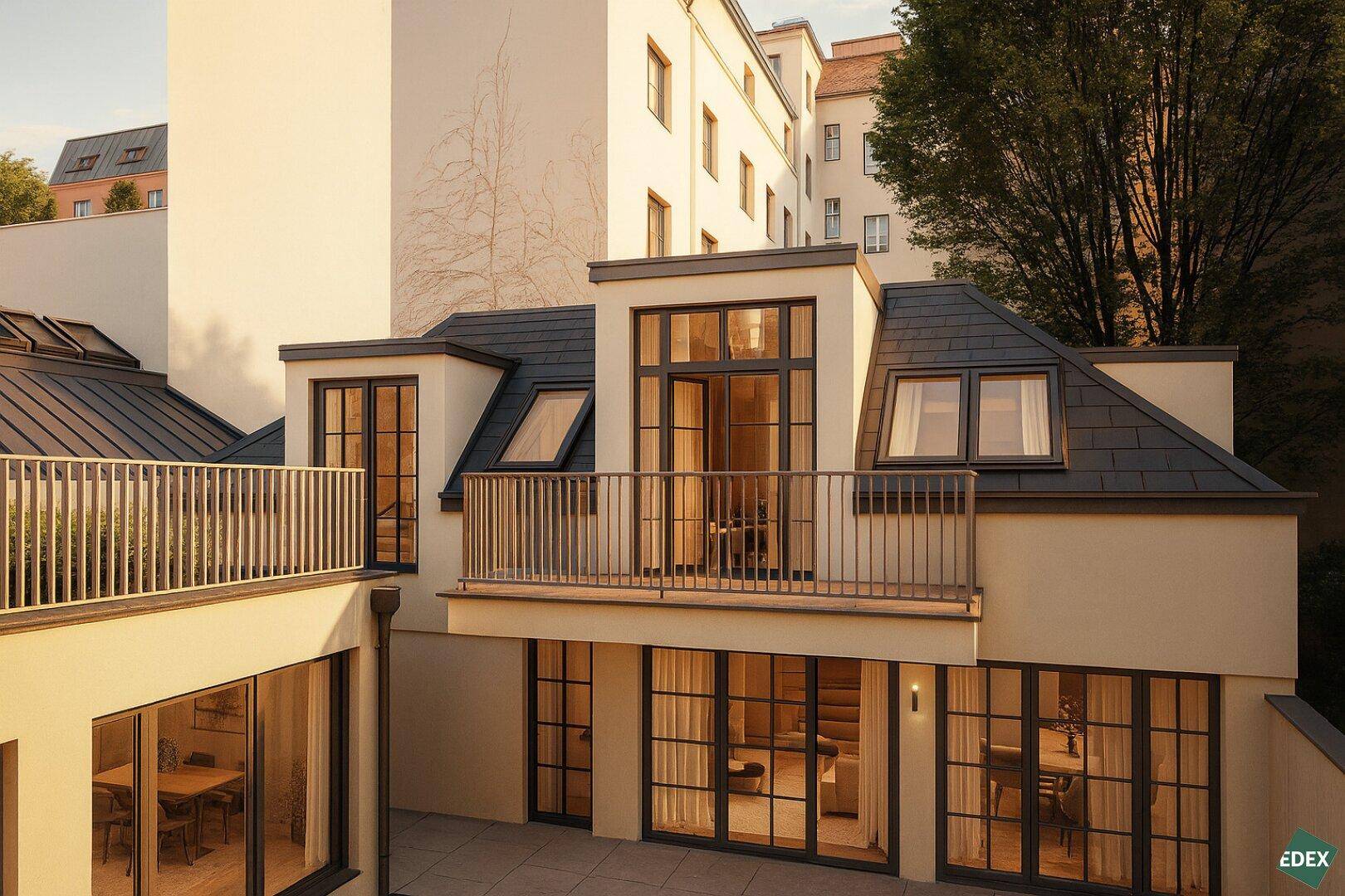 Rückansicht des Gebäudes mit mehreren Balkonen und Dachfenstern in moderner Architektur.