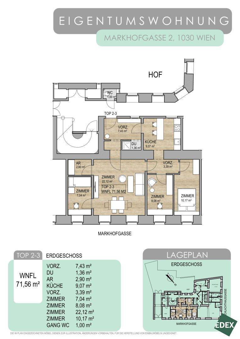 Grundriss einer Eigentumswohnung im Erdgeschoss mit mehreren Zimmern und einem Balkon zum Hof.