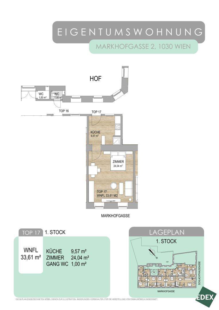 Grundriss der Eigentumswohnung Top 17 mit Küche, Zimmer und WC im ersten Stock.