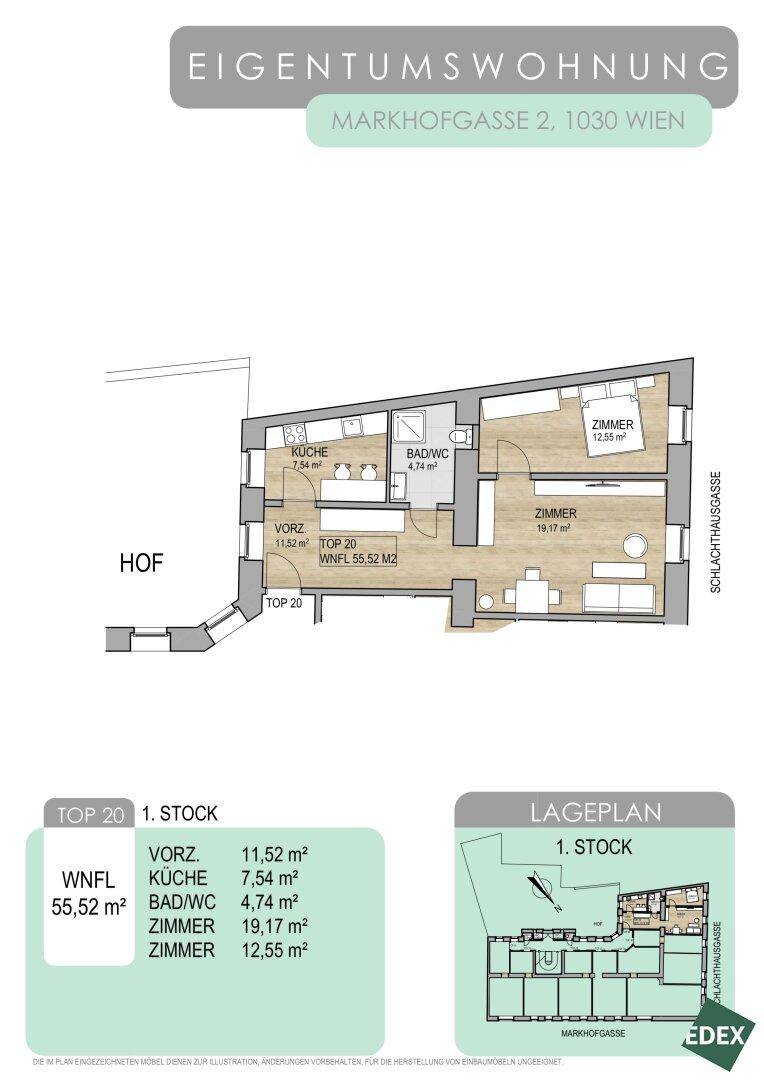 Grundriss einer Eigentumswohnung in Wien mit zwei Zimmern, separater Küche und Hofzugang.