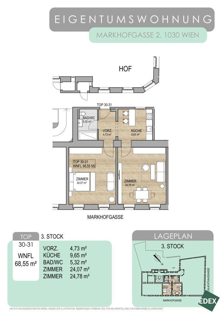 Grundrissplan einer Eigentumswohnung mit mehreren Zimmern, Küche, Bad und Balkon.