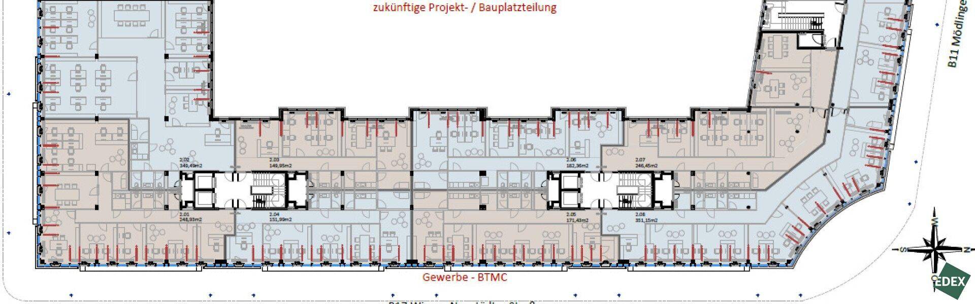 Übersichtlicher Grundriss eines großen Bürokomplexes mit vielen flexiblen Büroeinheiten.