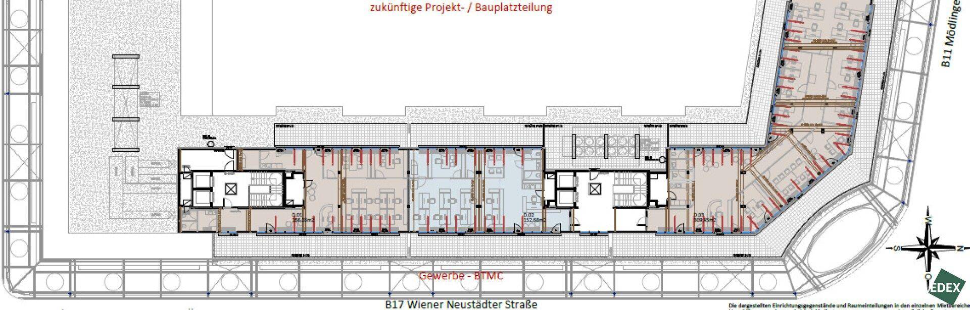Detaillierter Grundriss einer Etage mit zahlreichen Büroeinheiten und Erschließungsbereichen.