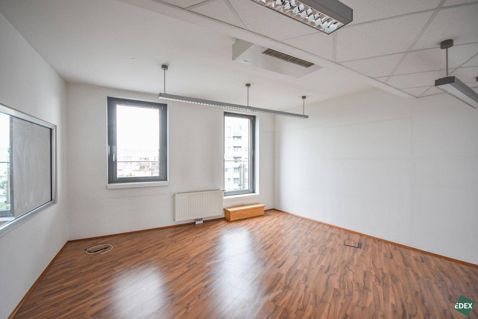 Geräumiges, leeres Büro mit großen Fenstern, Laminatboden und Deckenbeleuchtung.