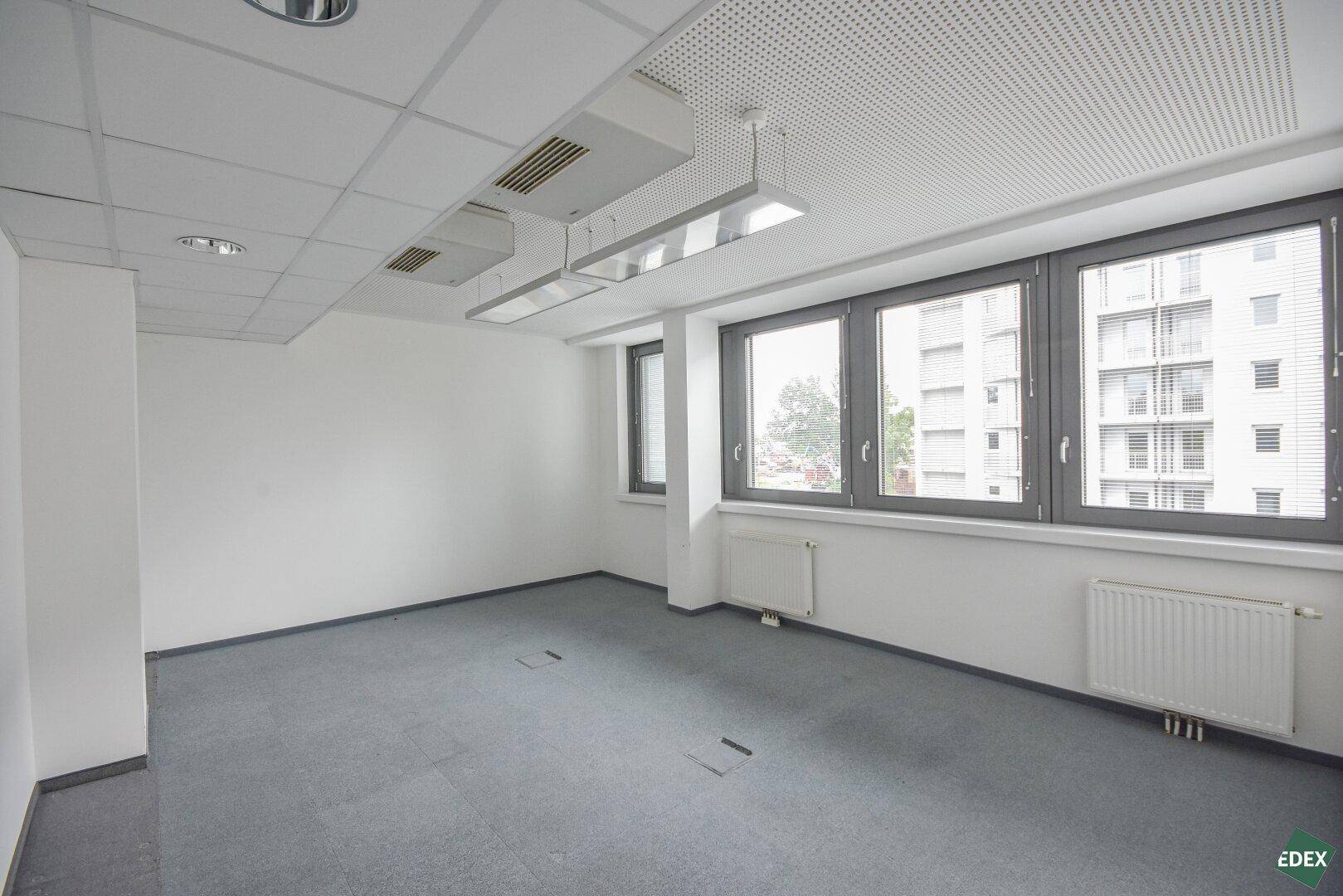Helles Büro mit Teppichboden, großen Fenstern und abgehängter Decke mit Beleuchtung.