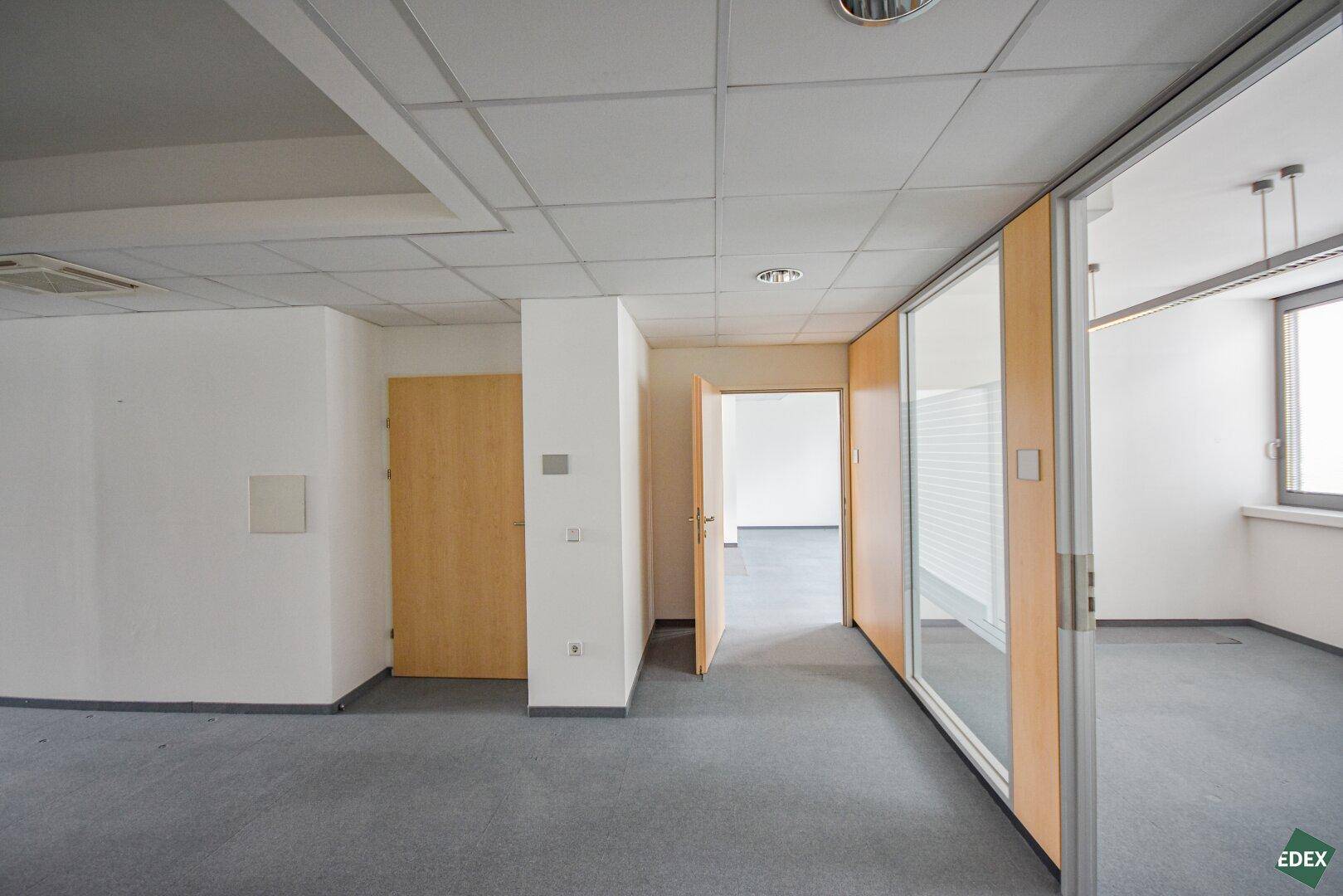 Büroflur mit Glastrennwänden und Holztüren, der zu weiteren Büroräumen führt.