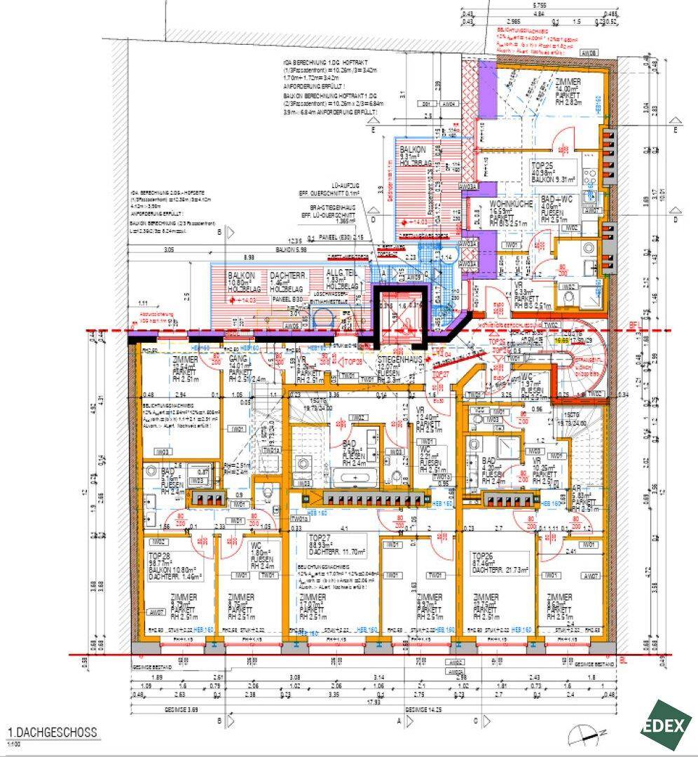 Detaillierter Grundriss des Dachgeschosses mit mehreren Wohneinheiten, Balkonen und Dachterrassen.