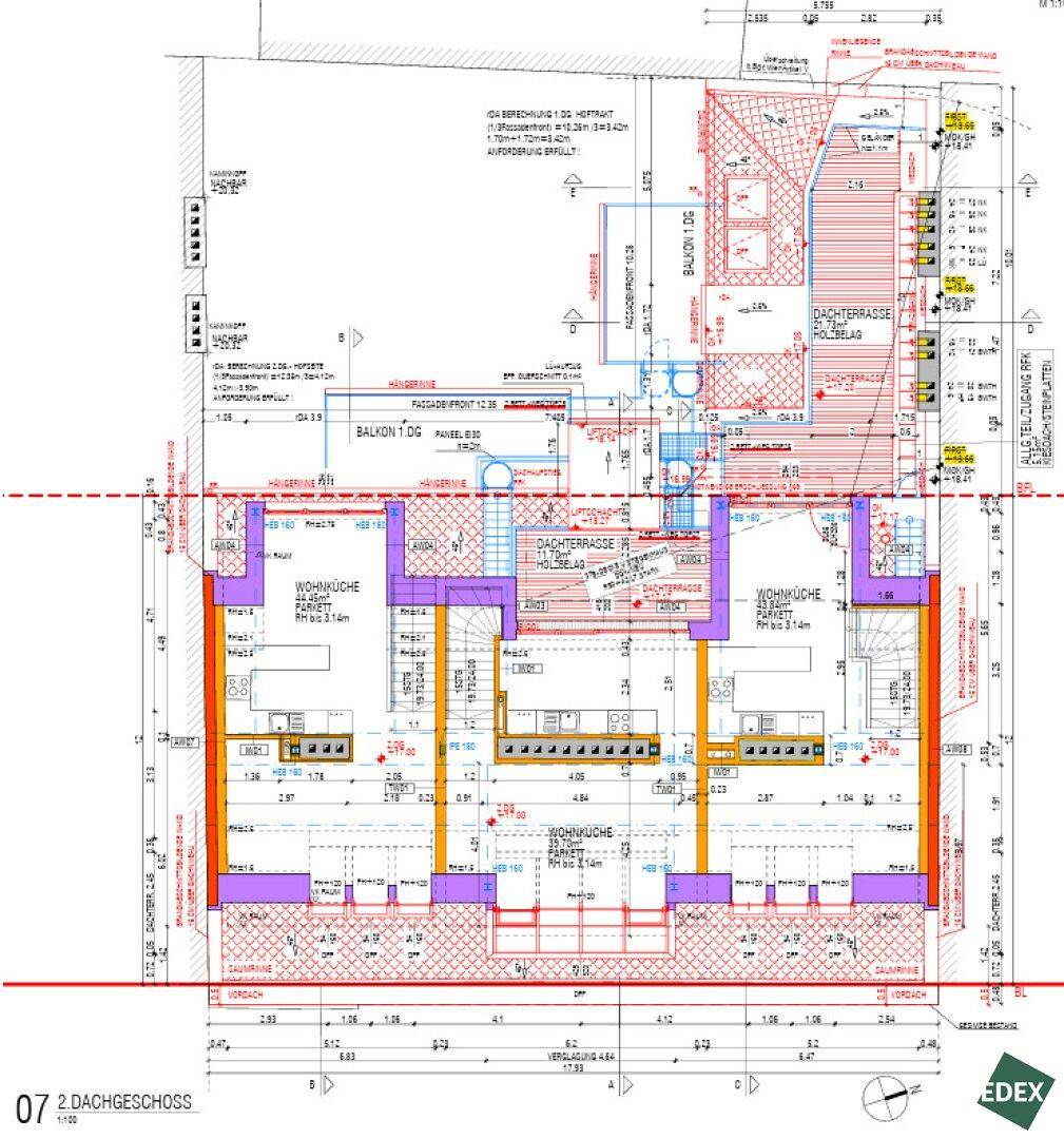 Detaillierter Grundriss des zweiten Dachgeschosses mit Wohnküchen, Balkonen und Dachterrassen.