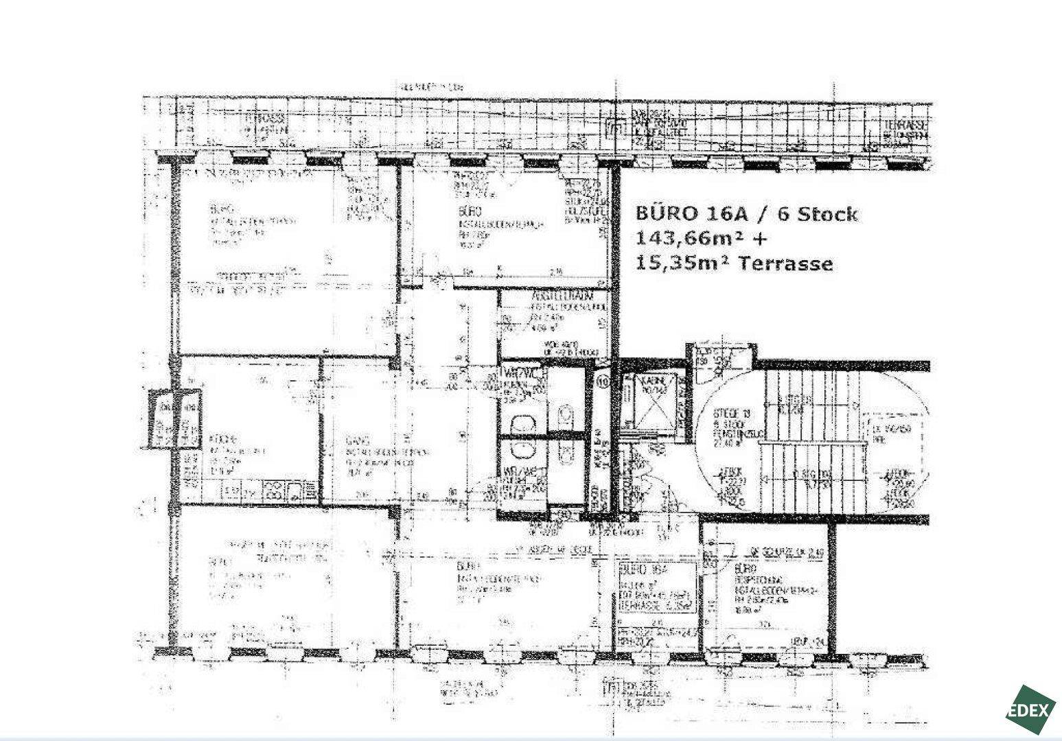 Grundriss für Büro 16A im 6. Stock mit 143,66m² und 15,35m² Terrasse, detaillierte Aufteilung.