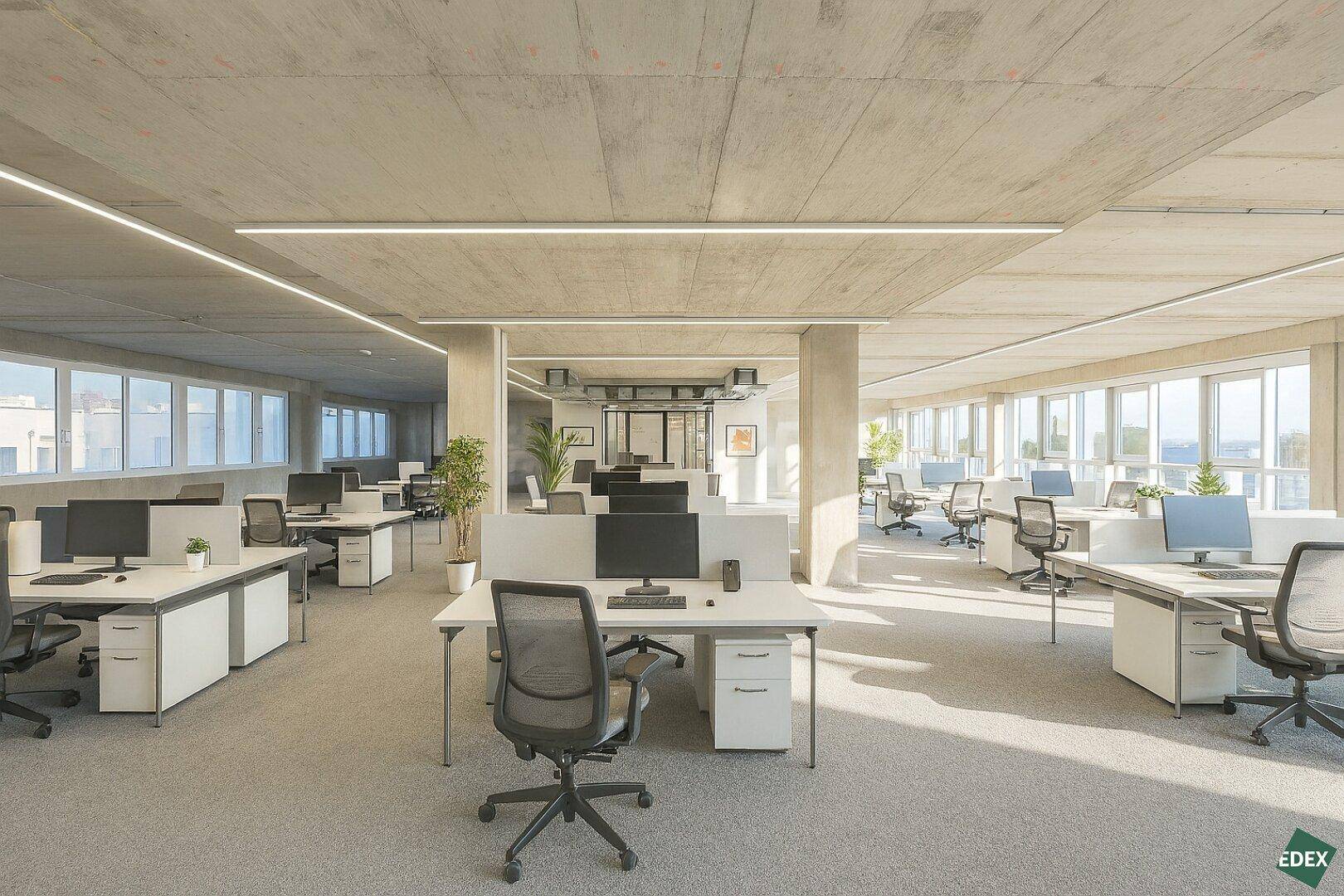 Modernes Großraumbüro mit vielen Arbeitsplätzen, großen Fenstern und einer Sichtbetondecke.