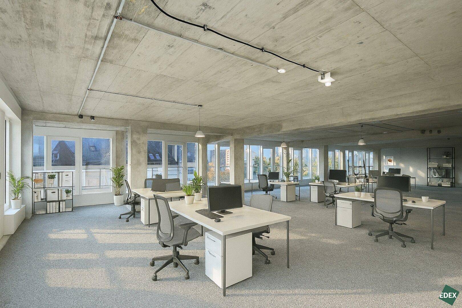 Helles Großraumbüro mit Sichtbetondecke, freiliegenden Leitungen und modernen Arbeitsplätzen.