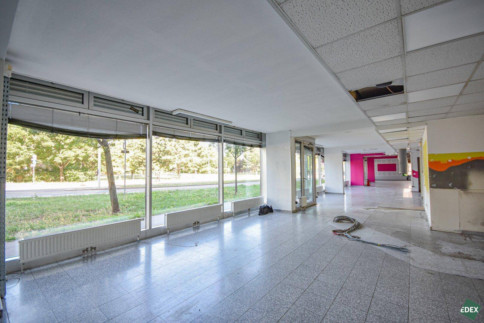 Langer Gewerberaum mit durchgehender Fensterfront, die den Blick auf die grüne Umgebung freigibt.