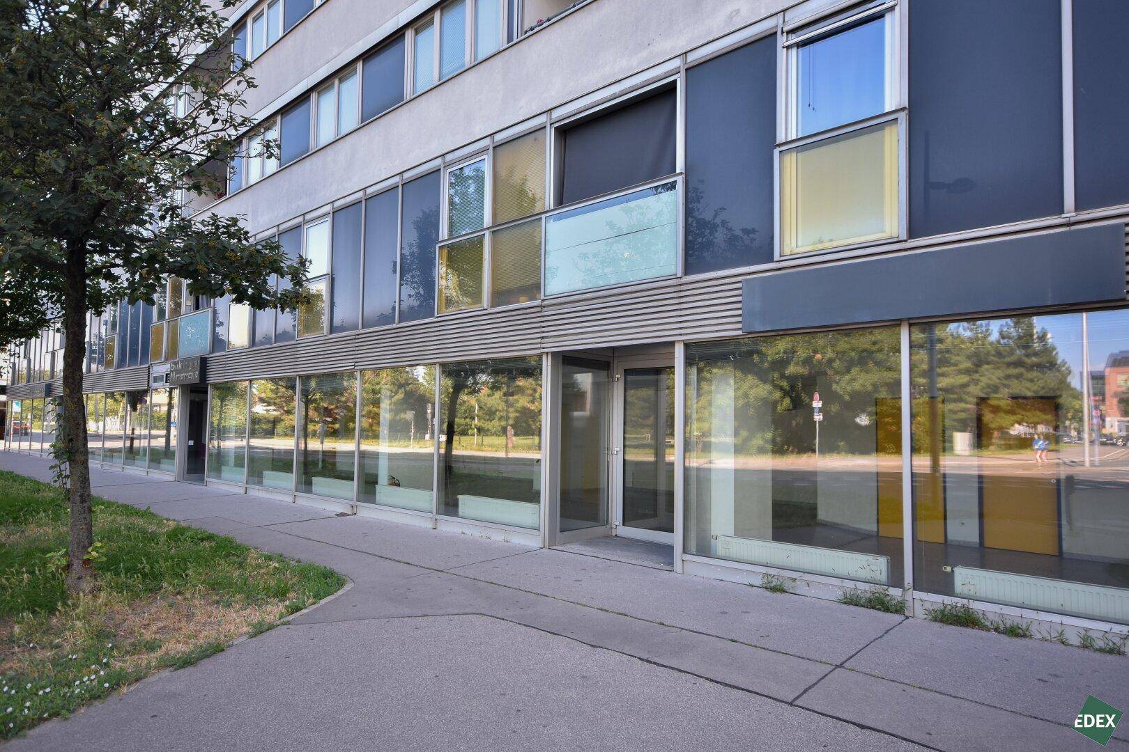 Ansicht der modernen Gebäudefassade mit großen Schaufenstern im Erdgeschoss und Bäumen am Gehweg.