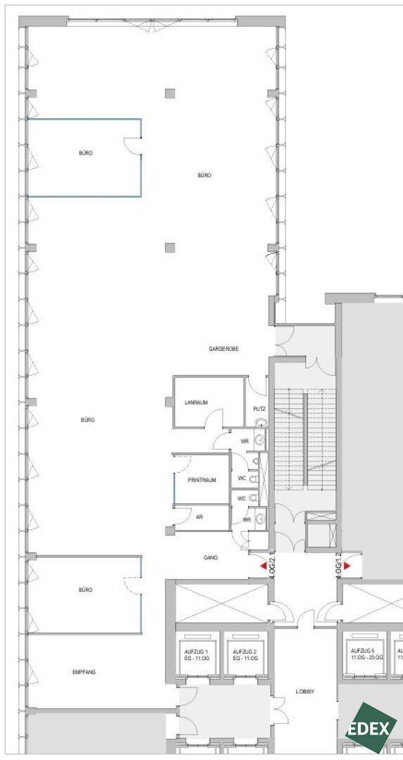 Grundriss eines Bürogeschosses mit mehreren Büroräumen, Empfangsbereich und Sanitäranlagen.