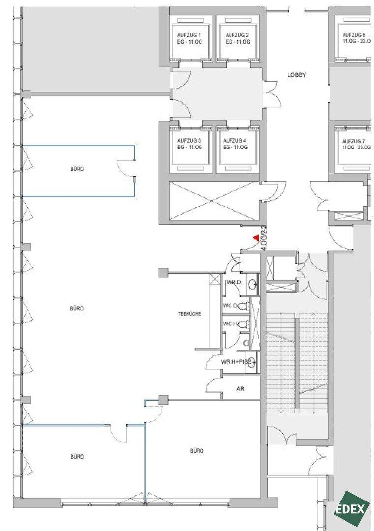 Grundriss einer Büroetage mit mehreren Büroräumen, Teeküche und Sanitäranlagen.