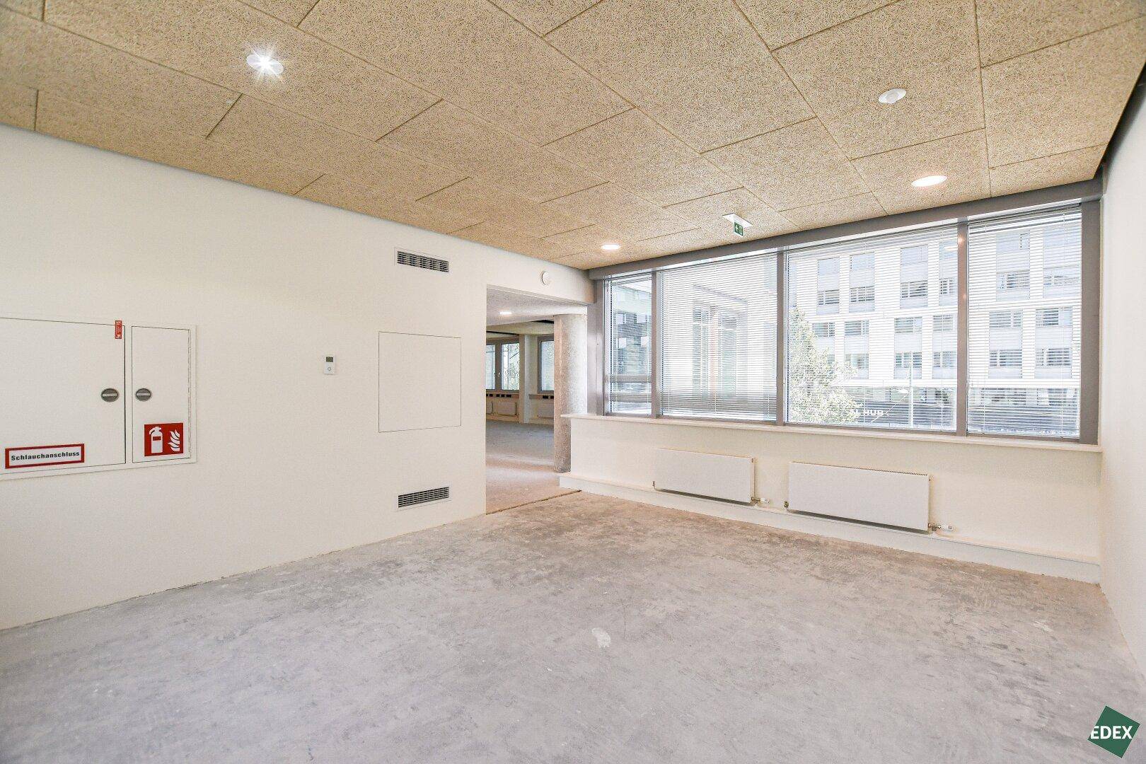 Heller Bürobereich mit großen Fenstern, Akustikdecke und Brandschutzvorrichtungen an der Wand.