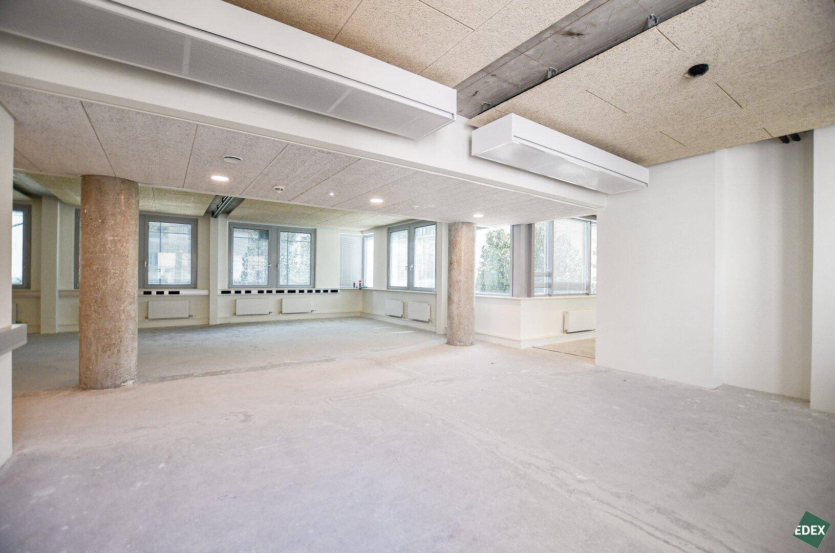 Großer, heller Büroraum mit Betonstützen, Akustikdecke und Blick auf die Umgebung.