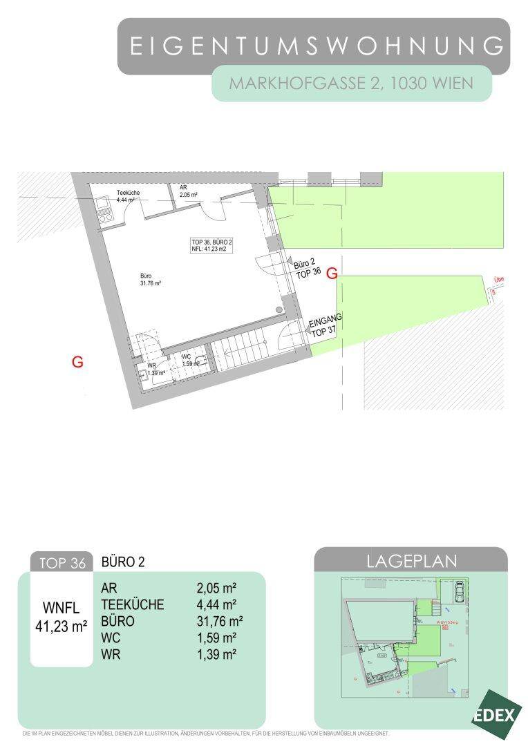 Grundriss für ein weiteres Büro mit Teeküche, WC und Eingangsbereich in der Markhofgasse.