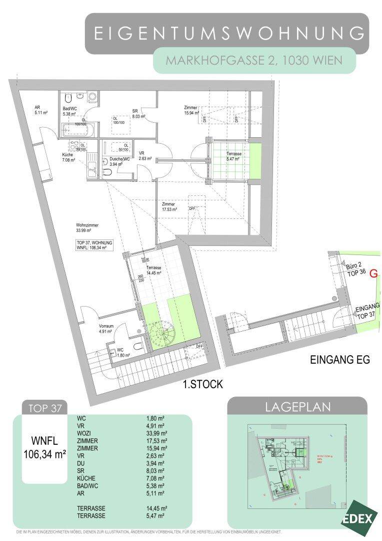 Grundriss einer Wohnung im 1. Stock mit Wohnzimmer, Schlafzimmern, Bad und zwei Terrassen.
