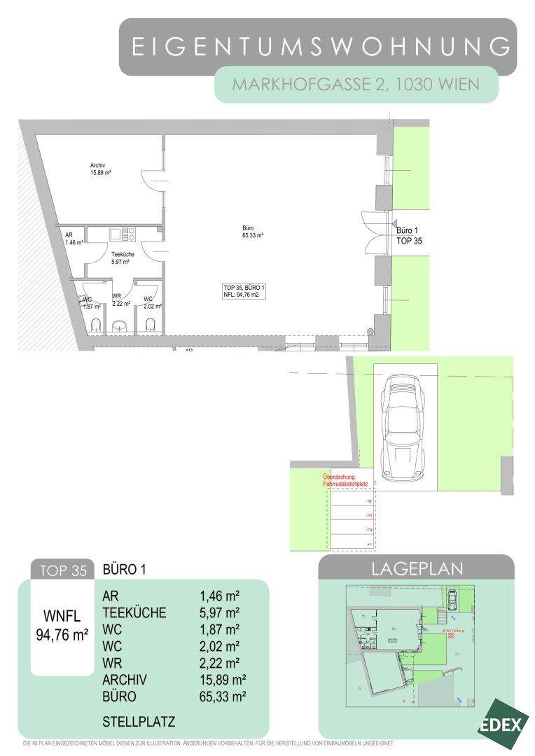 Grundriss für eine Eigentumswohnung mit Büro, Teeküche und Stellplatz in Wien.