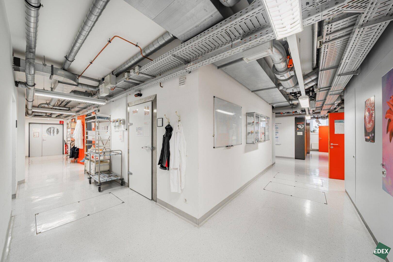 Heller Flur mit Laborkitteln, sichtbaren Installationen und weißen Wänden.