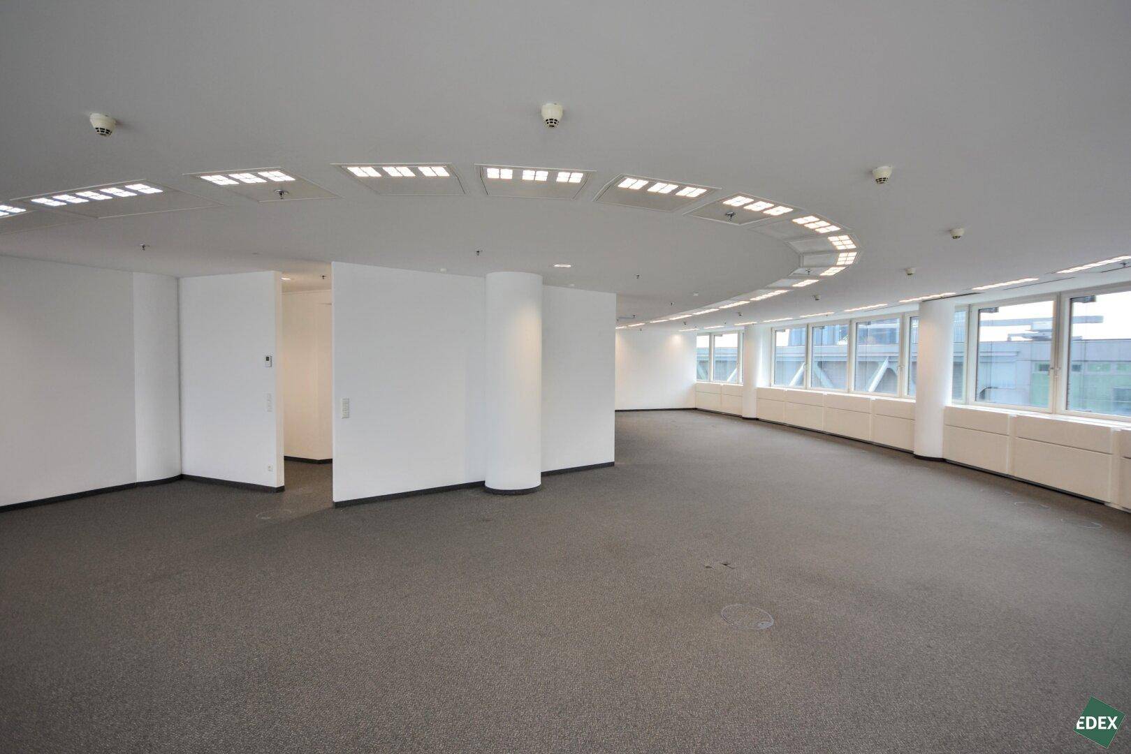 Geräumiges, leeres Büro mit großen Fenstern, grauem Teppichboden und moderner Deckenbeleuchtung.