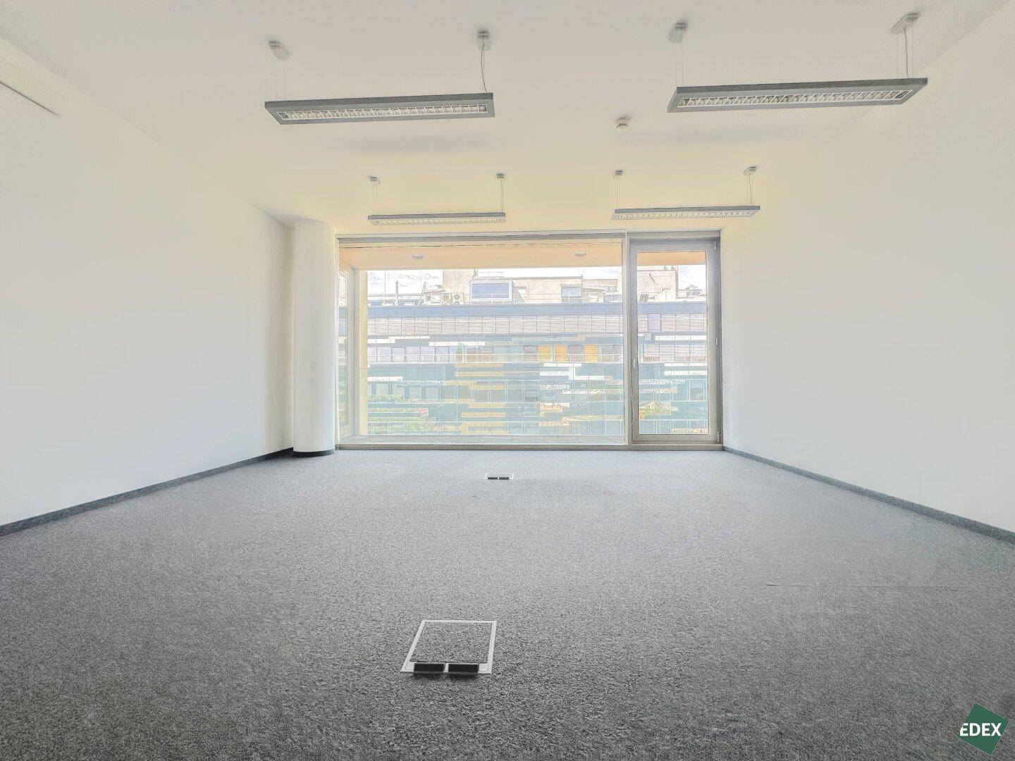 Heller Büroraum mit Teppichboden und einem großen Fenster, das eine städtische Aussicht bietet.