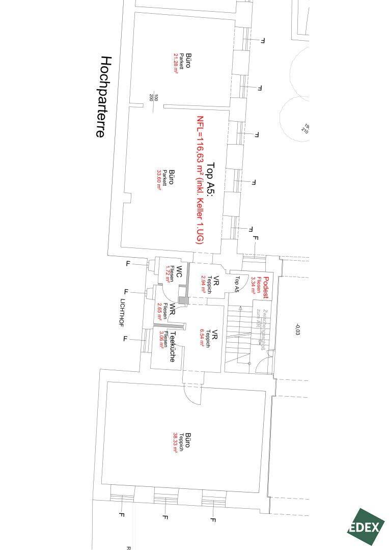 Detaillierter Grundrissplan einer Gewerbeeinheit im Hochparterre mit Büros, Teeküche und Sanitärbereich.