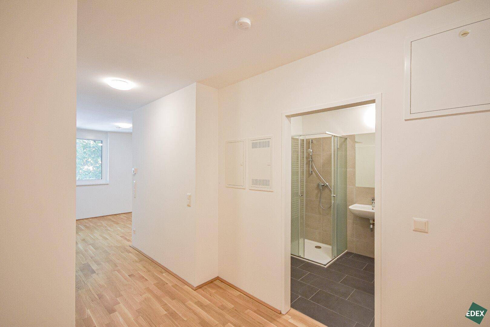 Heller Flur mit Zugang zu einem modernen Badezimmer, ausgestattet mit einer Duschkabine.