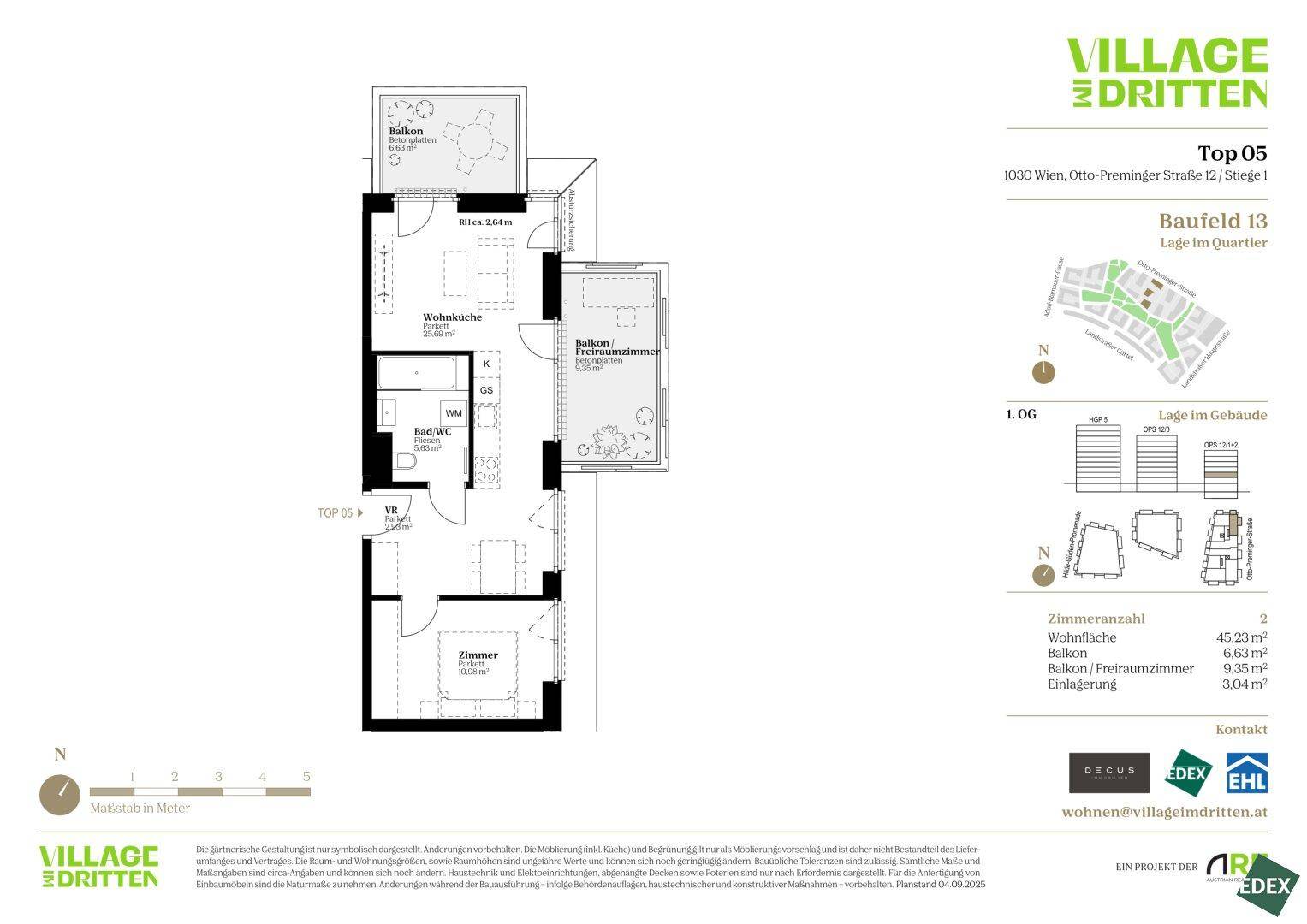 Grundriss einer Wohnung mit Wohnküche, Schlafzimmer, Bad und zwei Balkonen.
