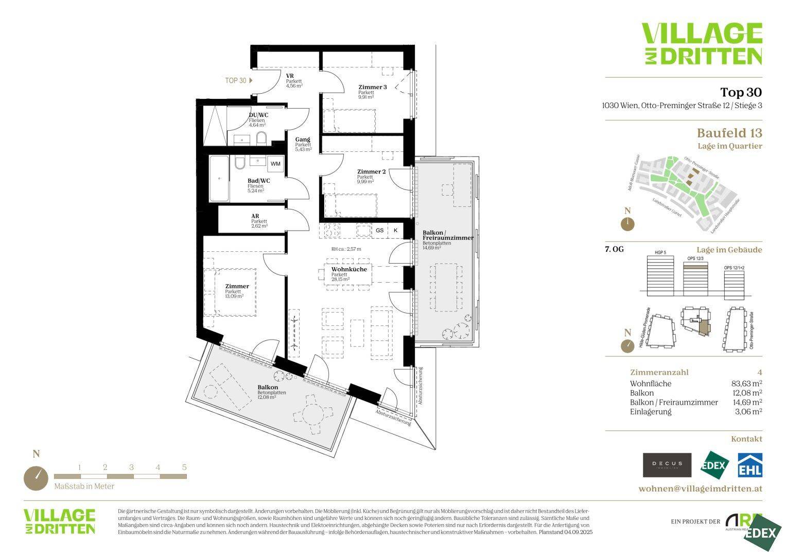Detaillierter Grundriss einer Wohnung mit vier Zimmern, Balkon und Freiraumzimmer.