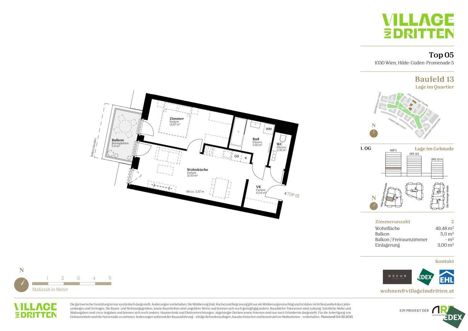 Grundriss einer Wohnung mit Wohnküche, Schlafzimmer, Bad und Balkon.