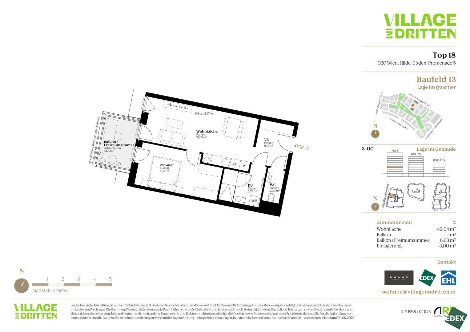 Grundriss einer Wohnung mit offener Wohnküche, Schlafzimmer, Bad und Zugang zu einem Balkon.