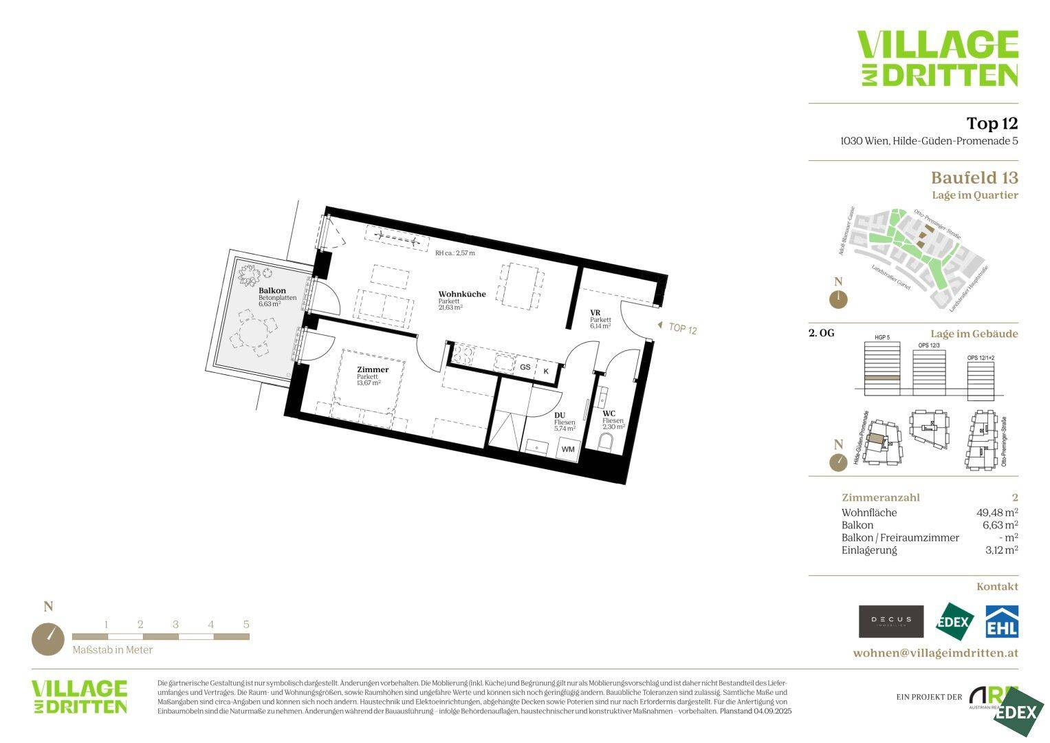 Grundriss einer modernen Wohnung mit offener Wohnküche, einem Schlafzimmer, Bad und Balkon.