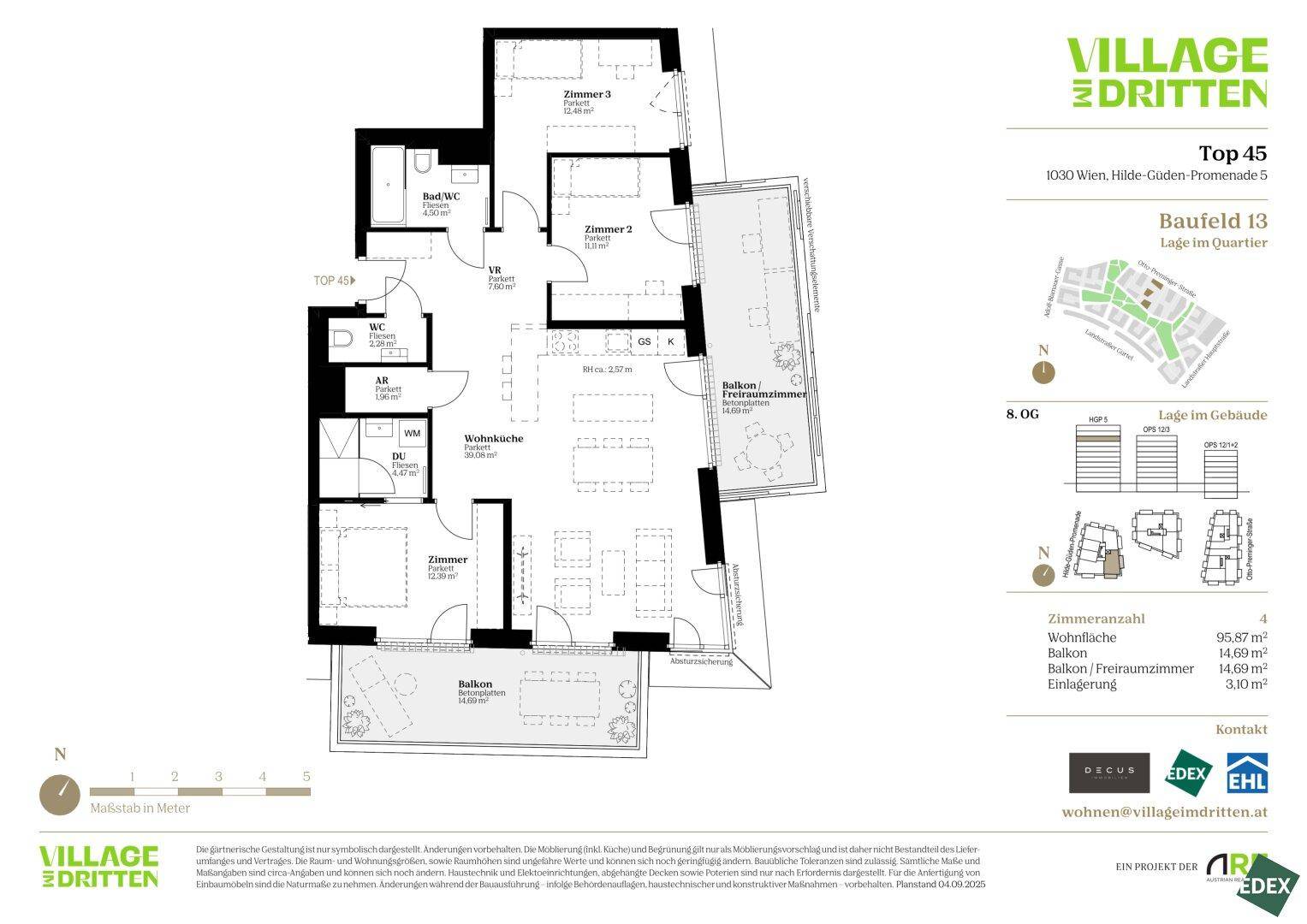 Grundriss einer Wohnung mit vier Zimmern, Balkon und Freiraumzimmer.