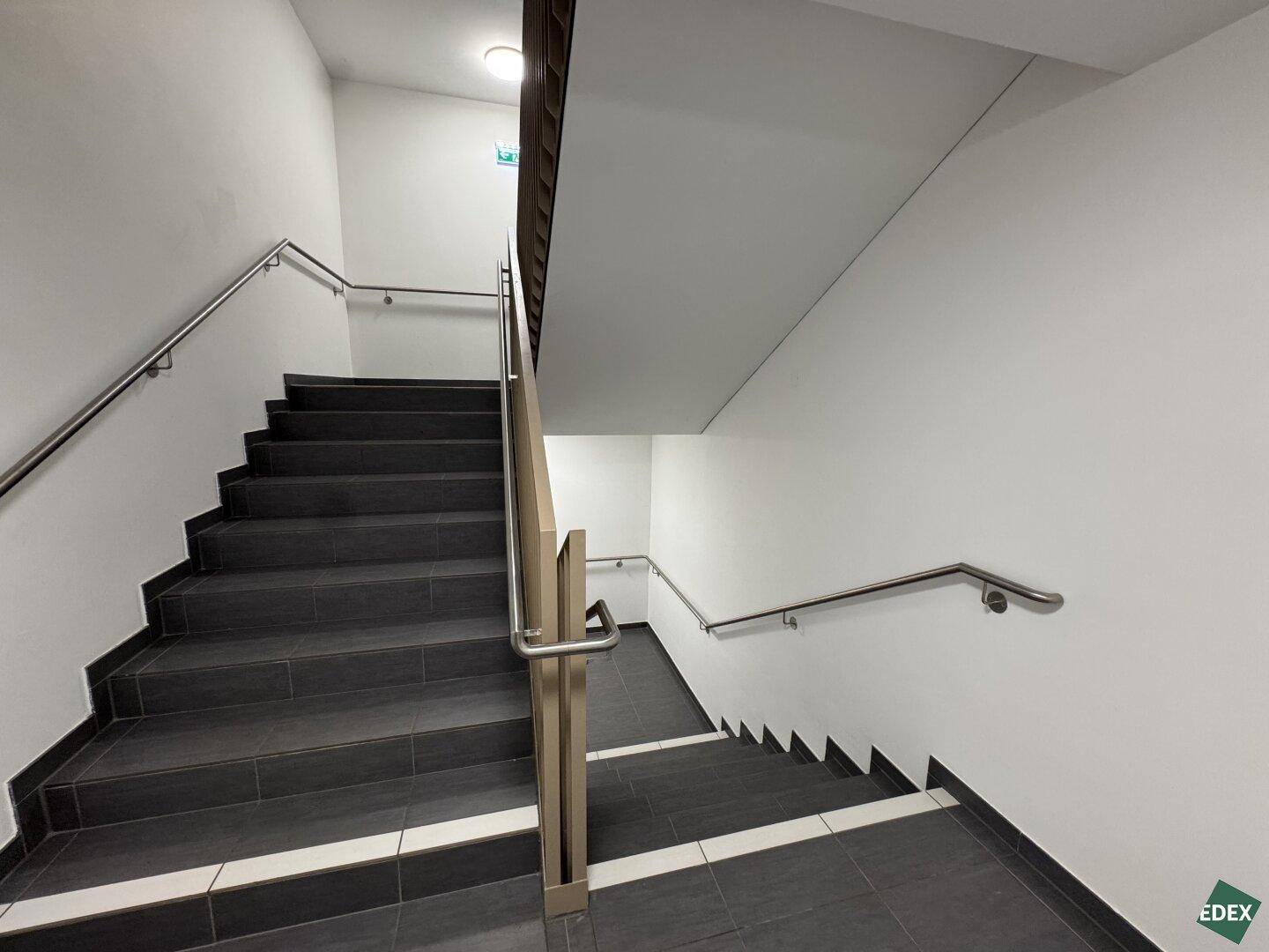 Modernes Treppenhaus mit dunklen Fliesenstufen und stabilen Edelstahlgeländern, gut beleuchtet.