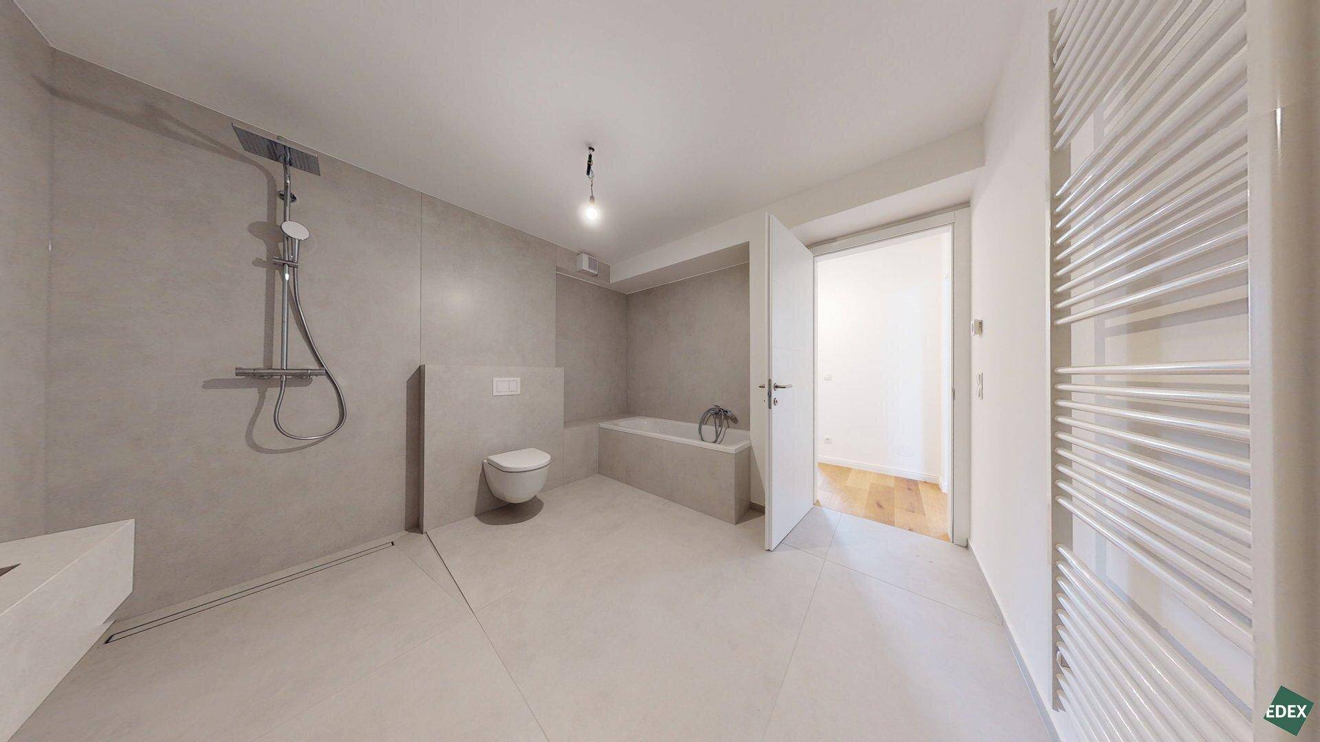 Modernes Badezimmer mit begehbarer Dusche, Badewanne, wandhängender Toilette und Handtuchheizkörper.