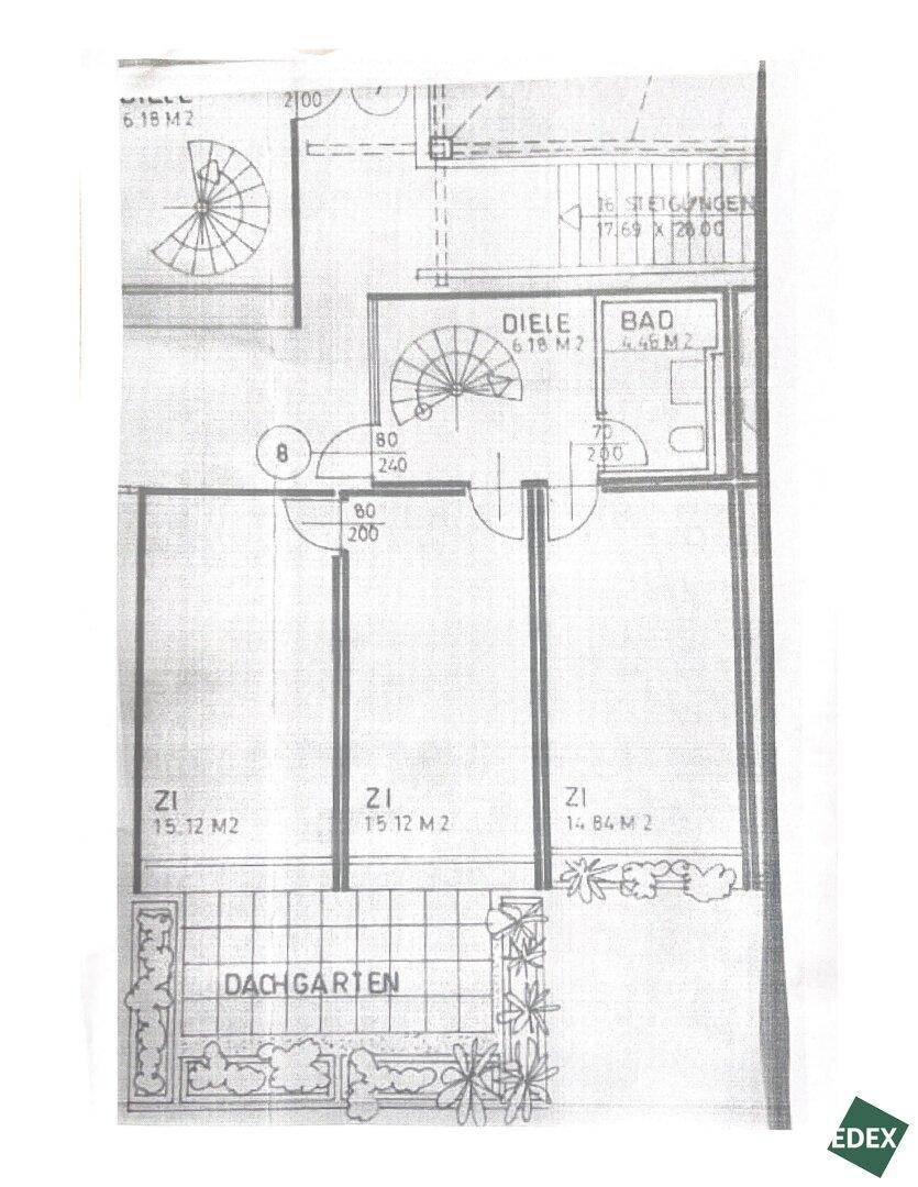 Grundrissplan mit Schlafzimmern, Bad, Wendeltreppe und Zugang zu einem Dachgarten.