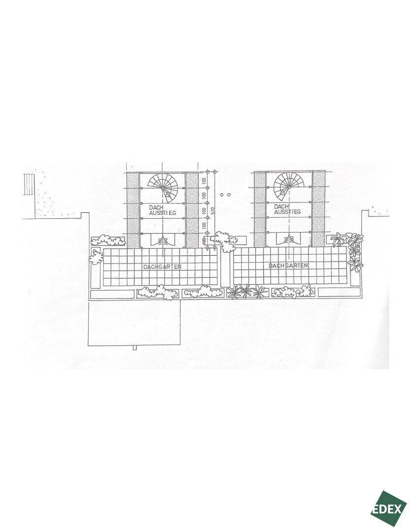 Grundrissplan mit zwei Dachgärten und zugehörigen Wendeltreppen für den Zugang.