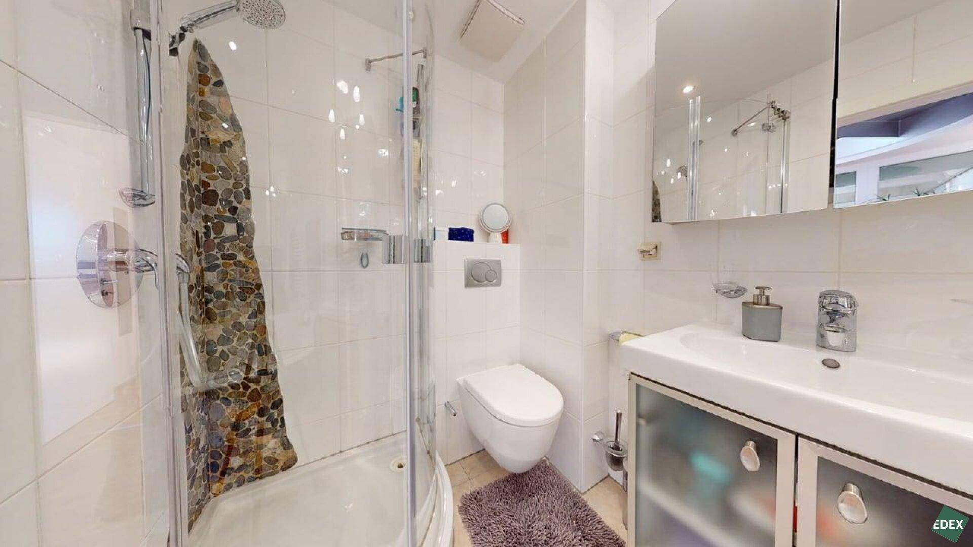 Helles Badezimmer mit Dusche, wandhängendem WC und Einzelwaschbecken.