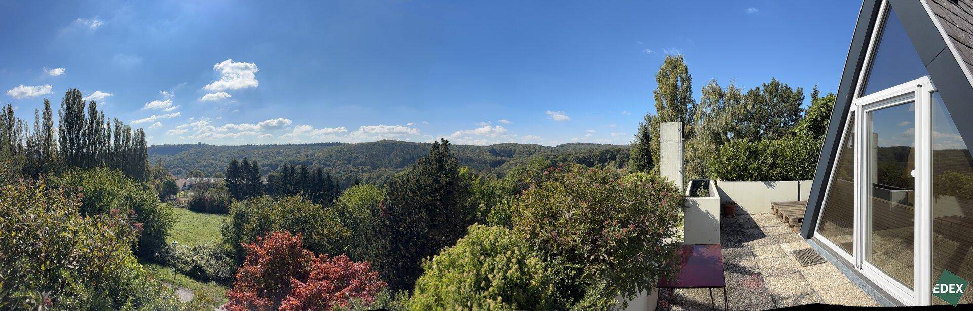 Panoramablick von einer Terrasse über eine weite grüne Landschaft mit Wäldern und Hügeln.
